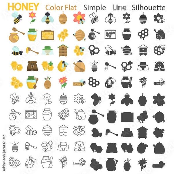 Fototapeta Honey color flat, simple, line and silhouette icons set for web and mobile design