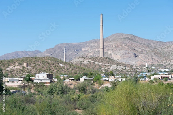 Obraz View on the city of Hayden Arizona with the stack of the copper ore smelter