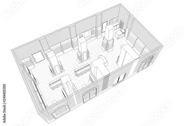 Fototapeta shop, store, shopping mall, contour visualization, 3D illustration, sketch, outline
