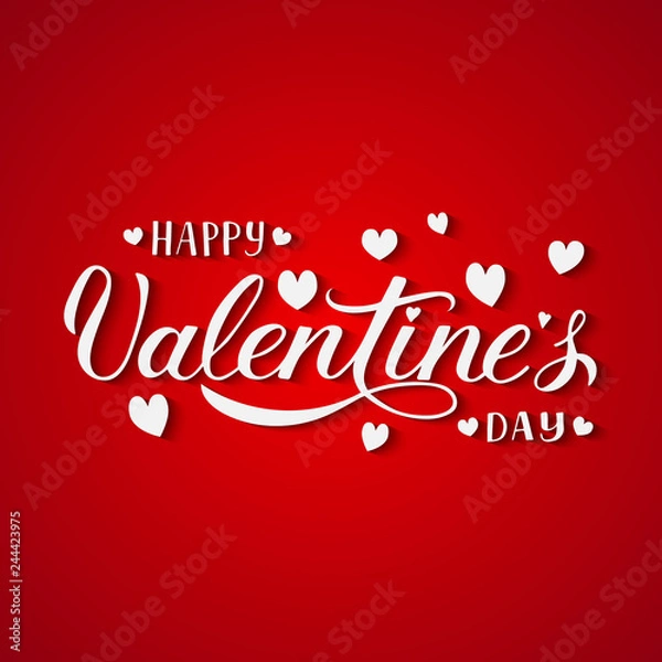 Obraz Valentines day greeting card. Happy Valentine’s Day hand lettering with hearts on red background.