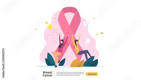 Fototapeta breast cancer day Awareness month concept with pink ribbon and female cartoon character together for love and support. web landing page template, banner, social, and print media. Vector illustration.
