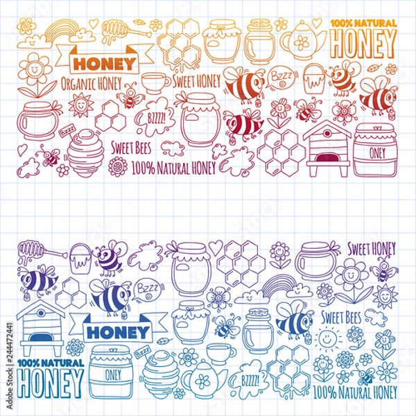 Fototapeta Vector image of bees, organic farm honey. Pattern with summer flowers. Healthy food.