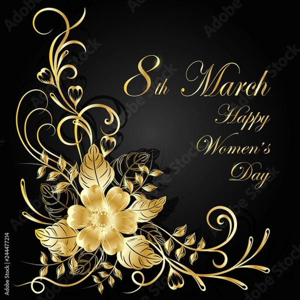 Obraz Womens day greeting card. Beautiful gold flowers on dark background with shadow.