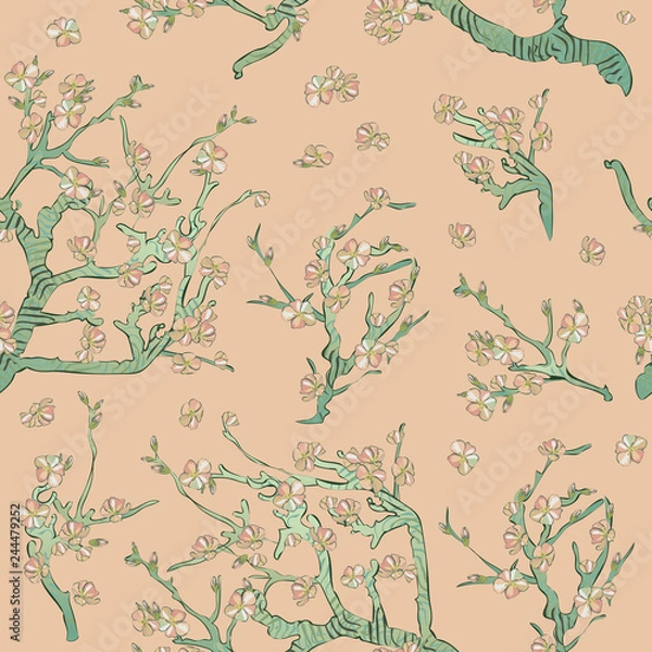 Obraz Spring almond branch, flowers pattern in vector. Blooming tree vintage. Boho style. By pictures Vincent Van Gogh almond branch retro.