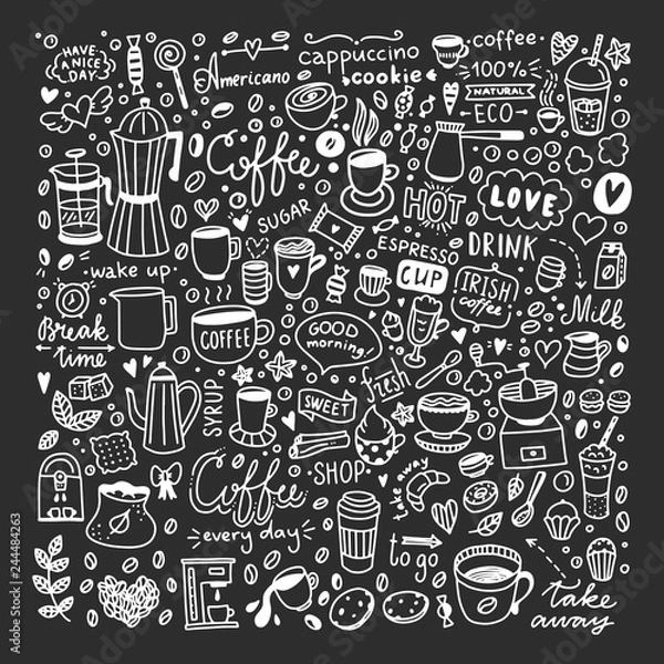 Fototapeta Coffee doodles vector set on black background. Cute cafe hot drinks illustrations and sweet food elements big collection
