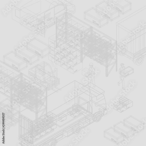 Fototapeta Vector design of blueprint with trucks and storage showing delivery system concept