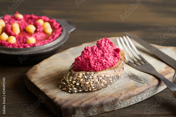 Fototapeta Proper diet. beetroot hummus with rye bread.