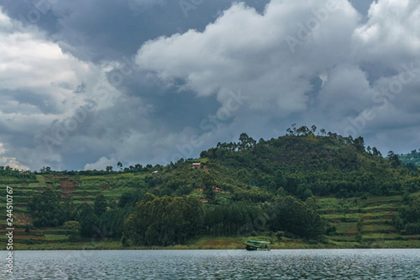 Obraz landscape with Bunyonyi lake and Plantation hills in Uganda