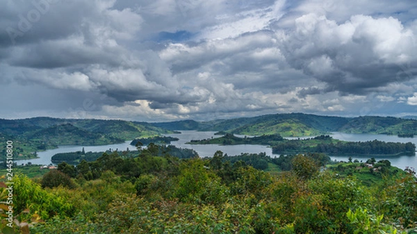 Obraz panoramic view of the islands in Bunyonyi lake Uganda. Beautiful landscape from top of the hill