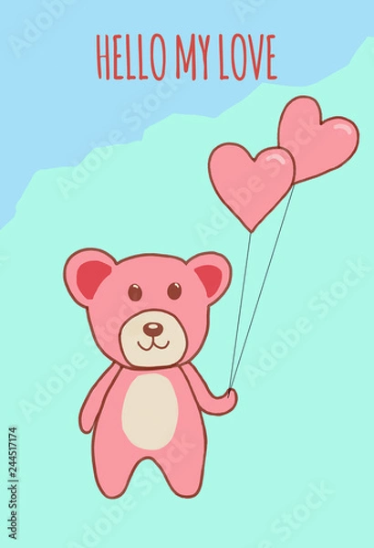 Fototapeta Postcard or template for Valentine's Day, cute illustration with teddy bear and valentines .Vector graphics