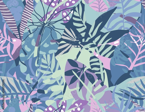 Obraz Vector seamless pattern with tropical plants and hand drawn abstract textures