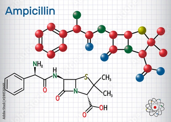 Fototapeta Ampicillin drug molecule. It is beta-lactam antibiotic. Sheet of paper in a cage. Structural chemical formula and molecule model