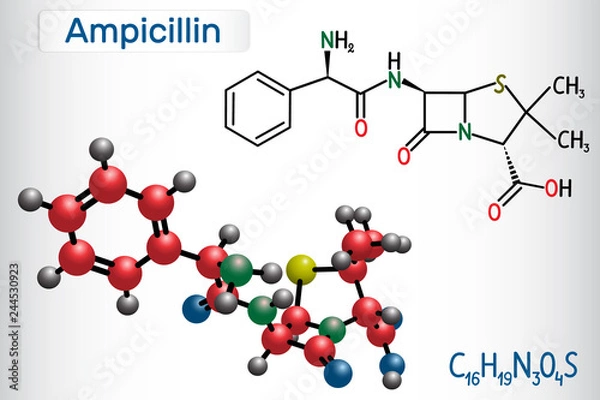 Fototapeta Ampicillin drug molecule. It is beta-lactam antibiotic. Structural chemical formula and molecule model