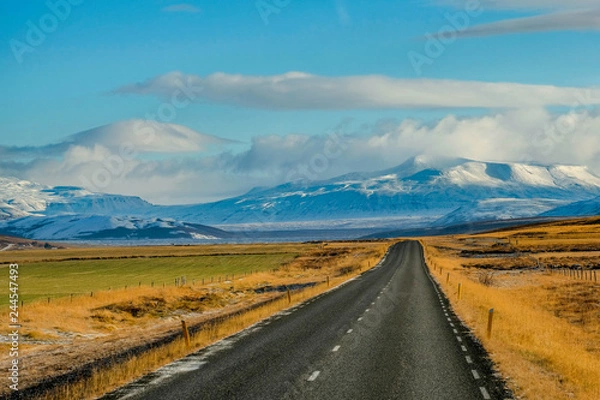 Obraz Long Road in iceland with snow mounrtain background