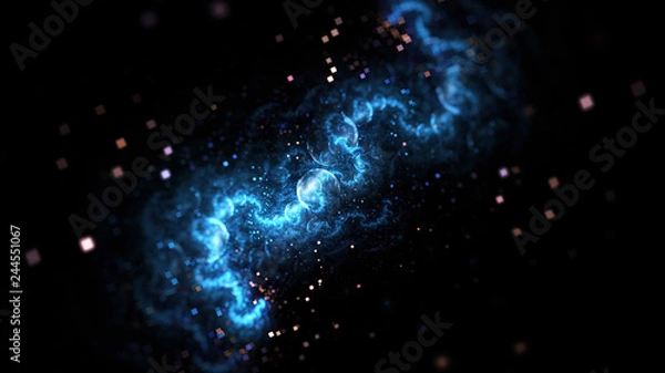 Fototapeta Abstract blurred blue and golden particles. Fantasy colorful holiday sparkle background. Digital fractal art. 3d