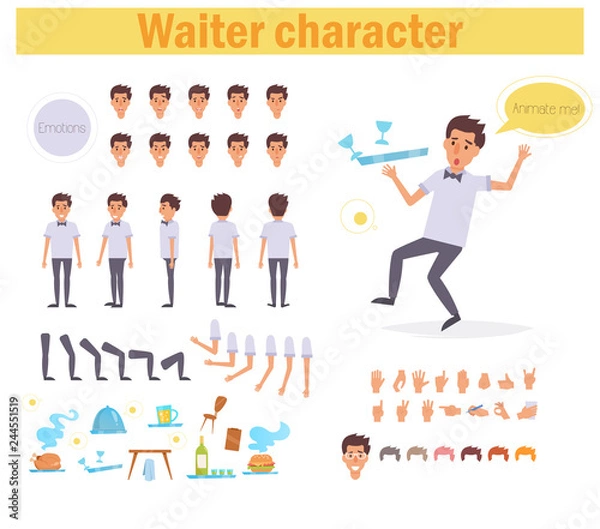 Fototapeta Waiter for animation. Poses front, rear, side, three quarter. Creation set. Collection of emotions. Vector. Cartoon. Isolated art on white background. Flat Different positions of hands
