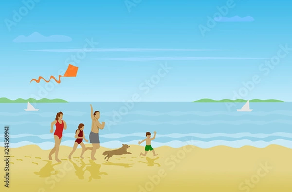 Obraz Family, parents, girls, boys are running on the beach on a happy holiday With sea as background