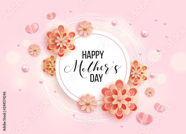 Fototapeta Happy mother's day layout design with roses, lettering, ribbon, frame, dotted background. Vector illustration.  Best mom / mum ever cute feminine design for menu, flyer, card, invitation.