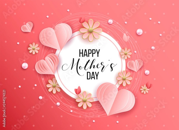 Fototapeta Happy mother's day layout design with roses, lettering, ribbon, frame, dotted background. Vector illustration.  Best mom / mum ever cute feminine design for menu, flyer, card, invitation.