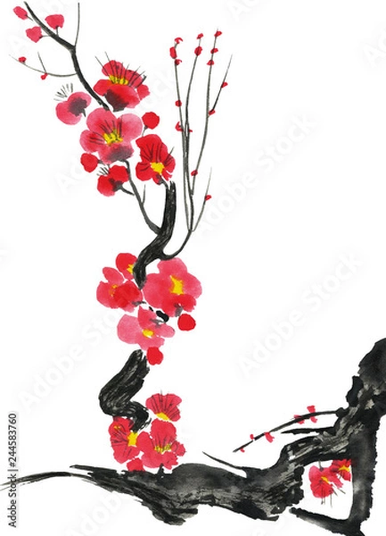Obraz A branch of a blossoming sakura. Pink and red stylized flowers of plum mei and  wild cherry . Watercolor and ink illustration of tree in style sumi-e, go-hua,  u-sin. Oriental traditional painting. .