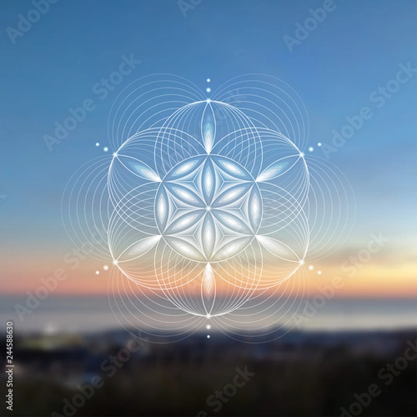 Obraz Vector template; Spiritual sacred geometry; Abstract geometric shape based on ancient symbol - "flower of life" on psychedelic natural photographic background; Yoga, meditation and relax.