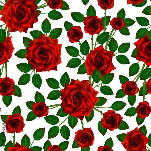 Obraz Seamless pattern with red roses. Beautiful realistic flowers with leaves. Photorealixtic rose bud, clean vector high detailed result