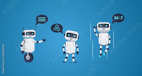 Fototapeta cartoon flat helper robots characters set. 