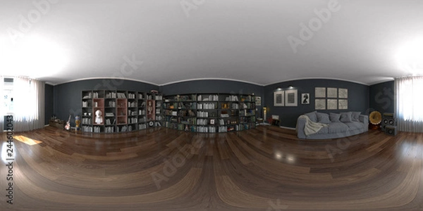 Fototapeta Stanza di un interno domestico, casa, salatto, studio con libreria e gatto, illustrazione 3d, rendering 3d, panoramica sferica stereoscopica a 360°, HDRI	