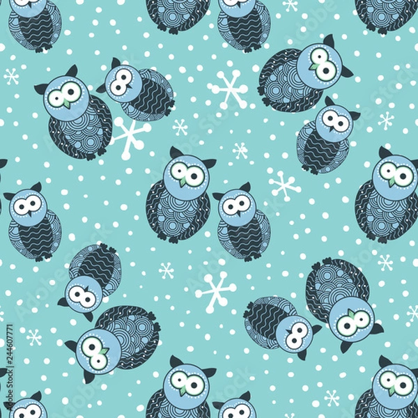 Fototapeta Seamless winter pattern with cute owls and snow, snowfall and snowflakes. Blue and white colors. Can be used for fabric textile design, pillow, tablecloth, wallpaper or website backdrop. Vector