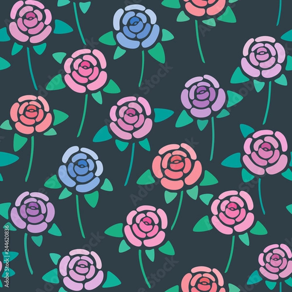 Fototapeta Seamless pattern with roses on dark background, nice and simple stylized, flowers, vector wallpaper
