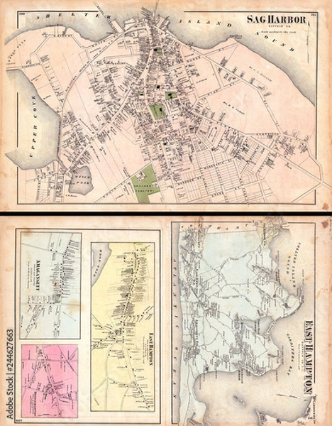 Fototapeta 1873, Beers Map of East Hampton and Sag Harbor, Long Island, New York