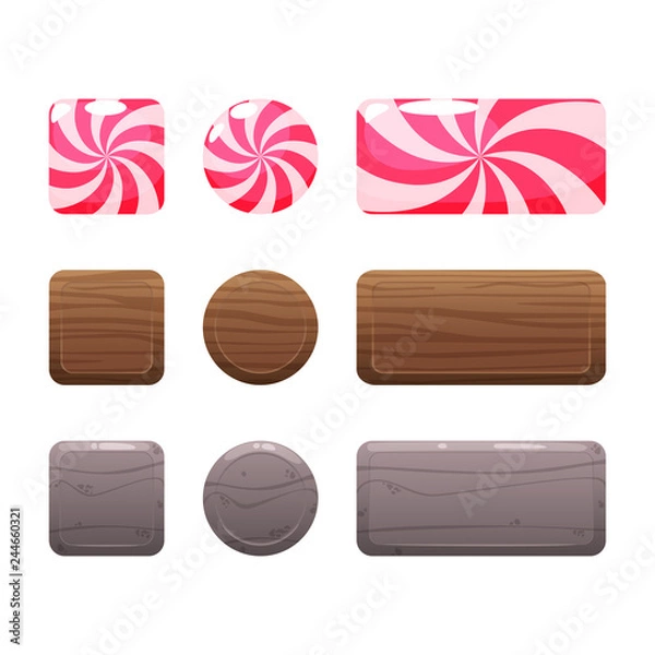 Obraz Essential interface buttons isolated on white background for game user interface. Basic vector shapes of rock, stone, wooden, candy icons, elements. Mobile app, web development template.