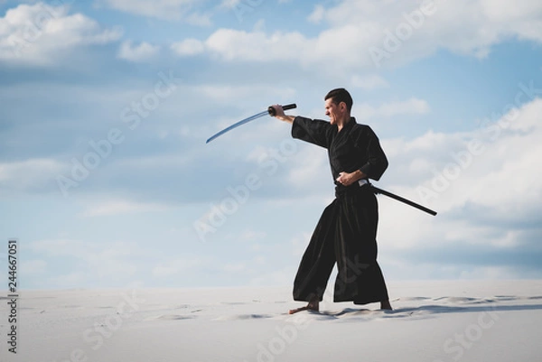 Obraz Man training martial arts in desert
