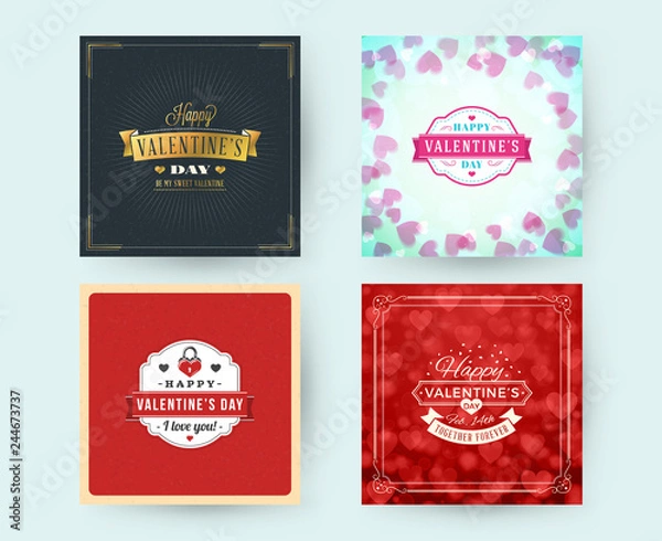 Fototapeta Set of Happy Valentines Day typography greeting cards. Vector design template with seamless background and romantic signs