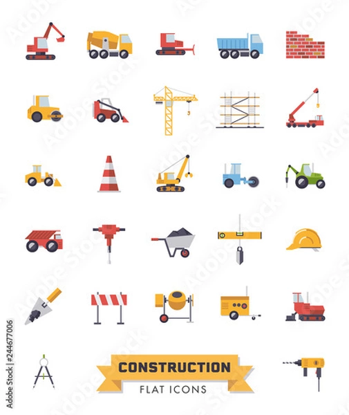 Fototapeta Flat Design Construction Industry isolated vector Icons Set