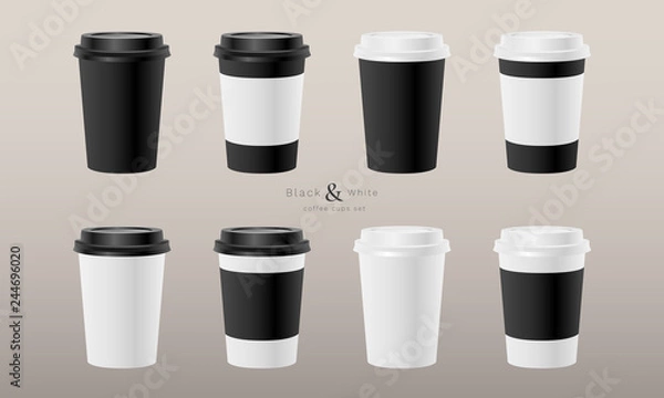 Fototapeta Paper coffee cups set black and white color disposable realistic 3d template mockup blank vector EPS 10