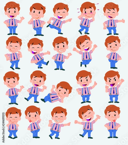 Fototapeta Cartoon character businessman in casual style. Set with different postures, attitudes and poses, always in positive attitude, doing different activities in vector vector illustrations.
