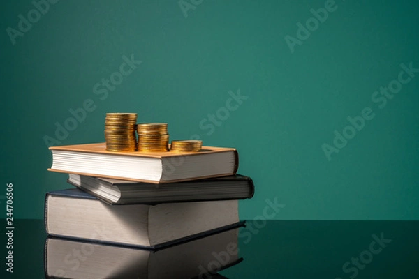 Fototapeta Coins and stalking books with low light