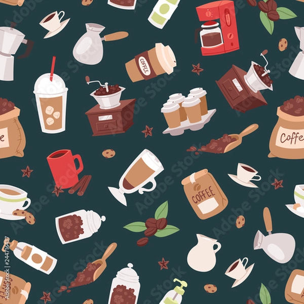Fototapeta Coffee set seamless pattern vector illustration with cartoon cappuccino, cups, seeds arabica,cinnamon, milk, coffee pot, cookies, anise and sugar for coffee house service.