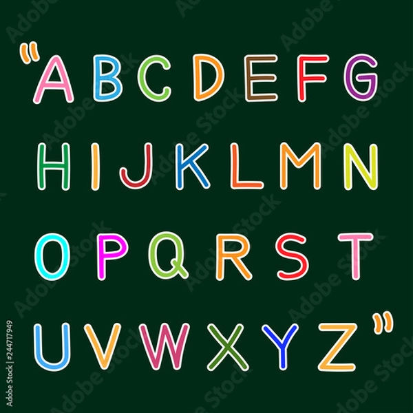 Fototapeta A to Z  hand drawn kids style font, cute letter and colorful uppercase alphabet on chalkboard background.
