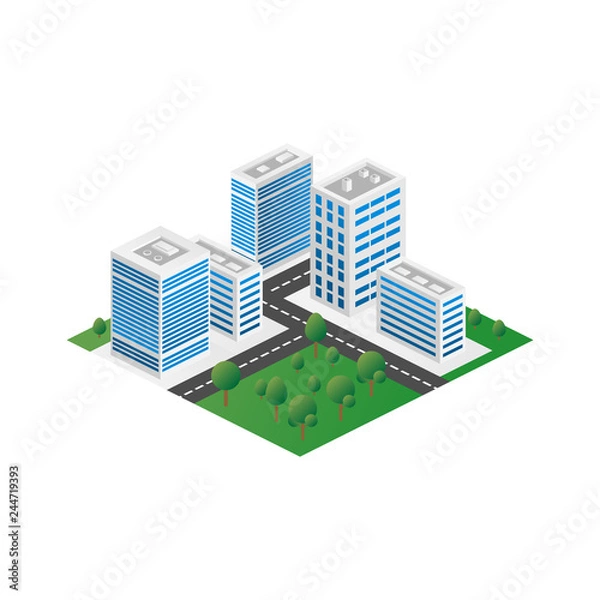 Fototapeta Megapolis 3d isometric three-dimensional view of the city. Collection of houses, skyscrapers, buildings, built and supermarkets with streets and traffic