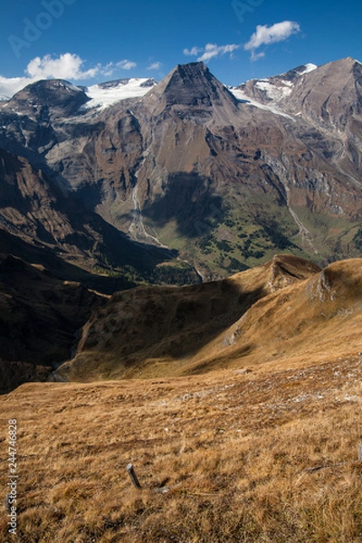 Fototapeta View of mountain with blue sky from Grossglockner High Alpine Road in Austria
