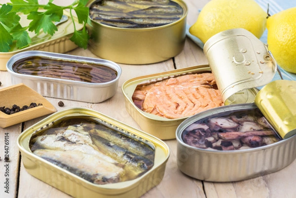 Obraz Varieties of canned fish.