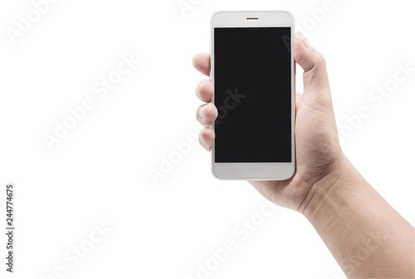 Fototapeta Man hand holding White cellphone with black screen isolated on white background with clipping path. - Image,Copy space