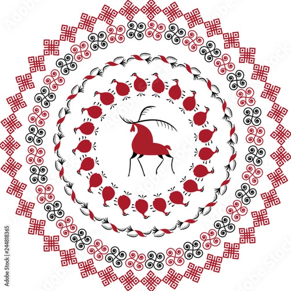 Obraz Plate with decorative elements  folk art of northern region of Russia. Mezensky red firebird. Illustration, vector frame template