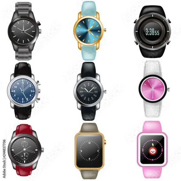 Fototapeta Watch vector business wristwatch or fashion wrist clock with clockwork and clockface clocked in time illustration set of modern clocking alarm timer isolated on white background