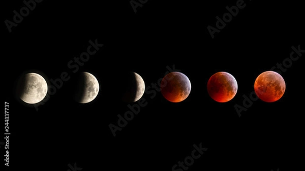Obraz Lunar eclipse composite image showing different stages of the eclipse, Cornwall, UK