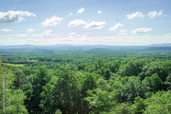 Fototapeta Aerial Photo of a Forest in the Countryside - with a Long Stretch of Green Trees, Patches of Farmland and Mountains in the Distance on a Bright, Summer Day in the Appalachian United States