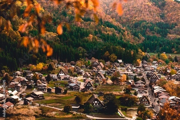 Obraz top view of Shirakawa-go village during Autumn Season on Octobor in Japan.