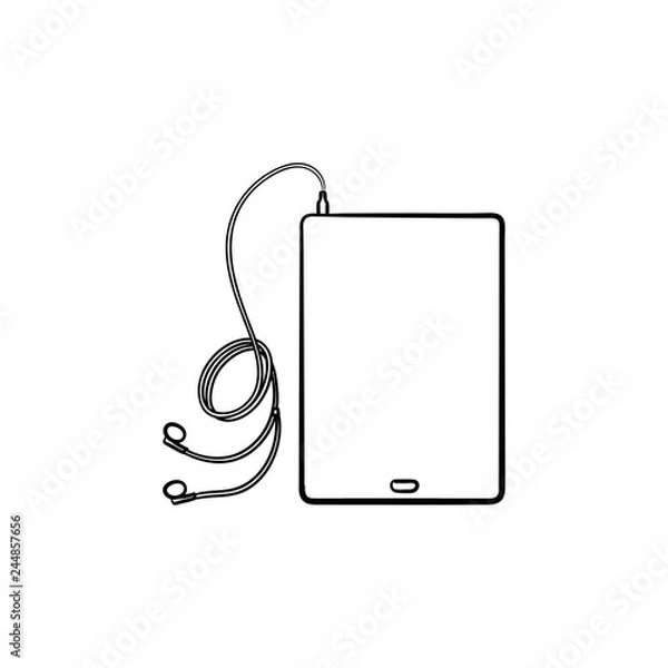 Fototapeta Tablet with headphones hand drawn outline doodle icon. Listen to music on digital device and player concept. Vector sketch illustration for print, web, mobile and infographics on white background.